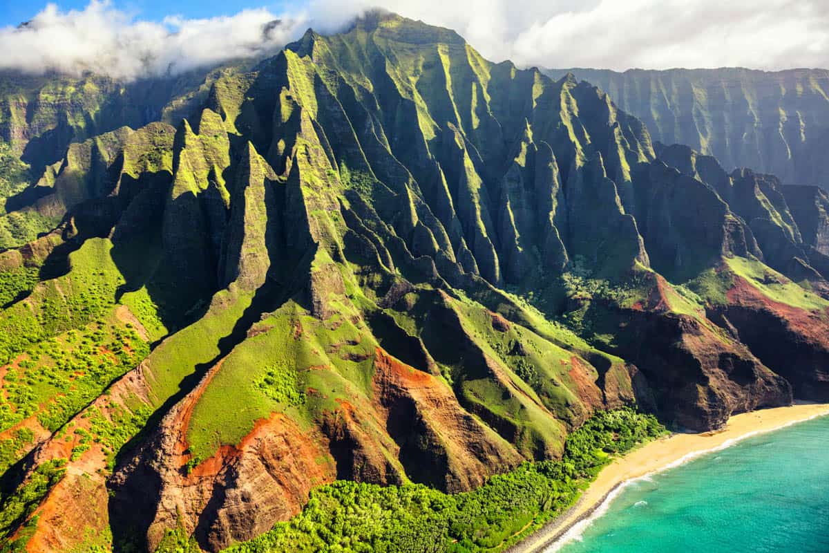A view of the Na Pali Coast from a helicopter over Kauai
