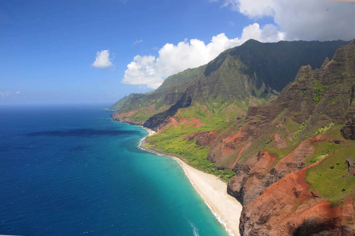 An aerial view of the Na Pali Coast in Kauai, Hawaii